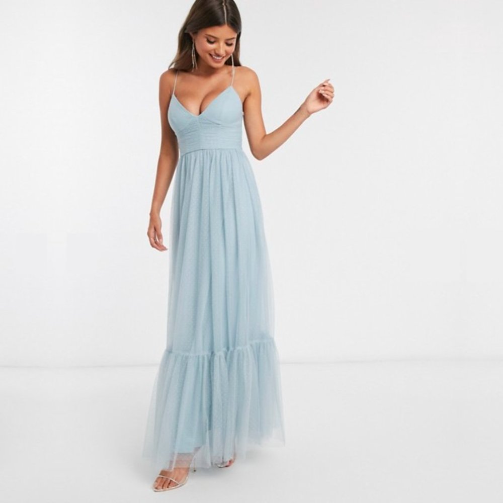 New: ASOS spot tulle maxi dress in baby blue - Picture 1 of 7